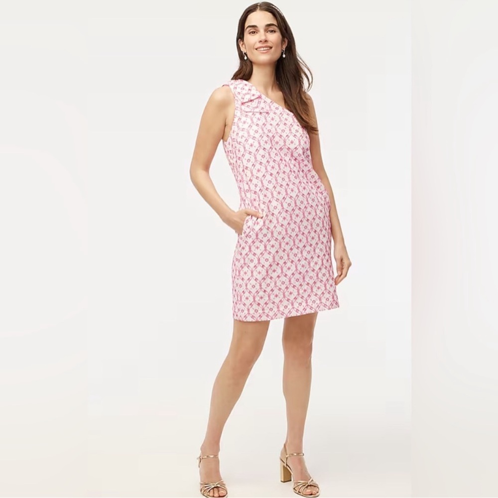 J. Crew Dress Size 4 One Shoulder Mini Dress Pink White Eyelet Bow Cocktail A21